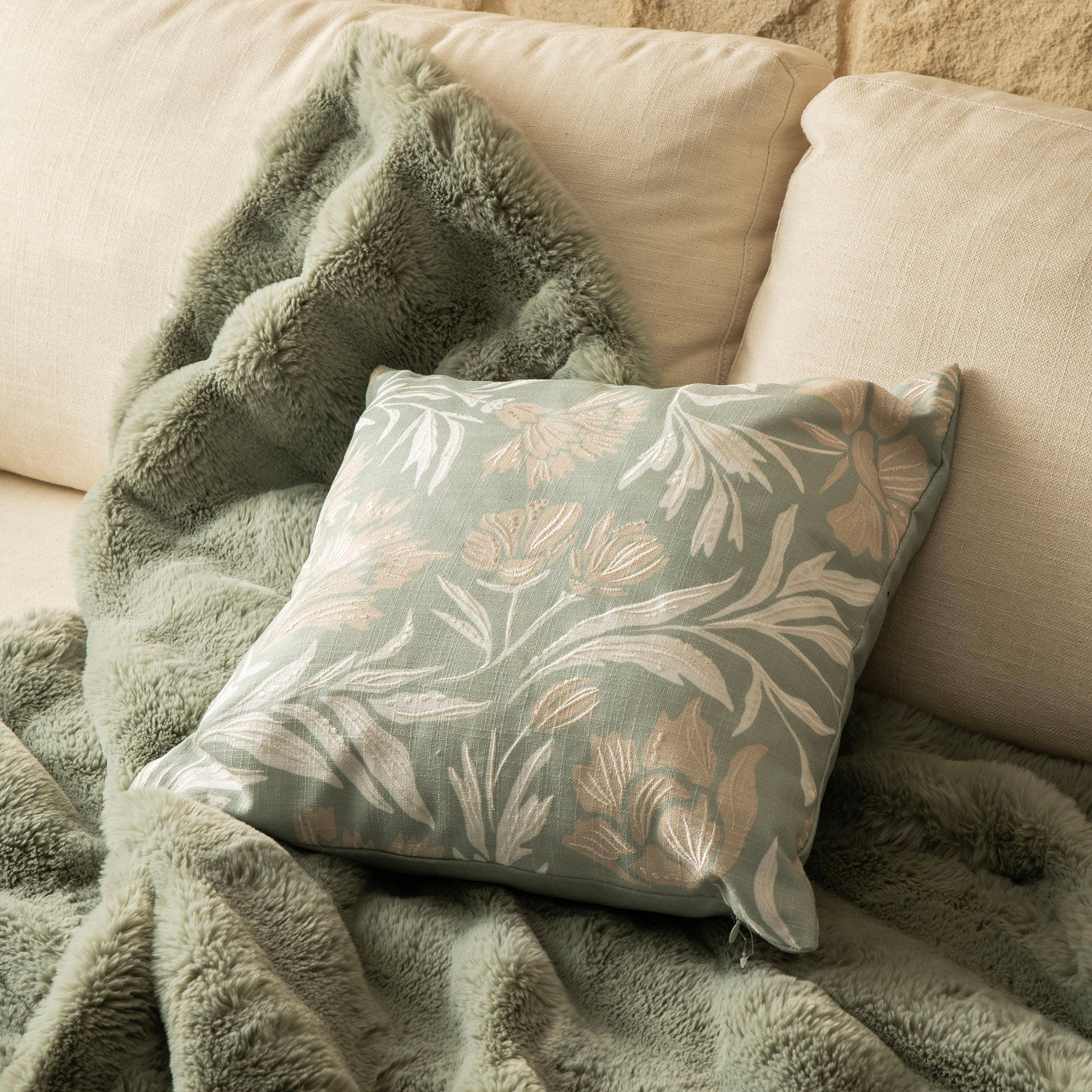 Nude Cream & Green Floral Print Square 50cm Cushion