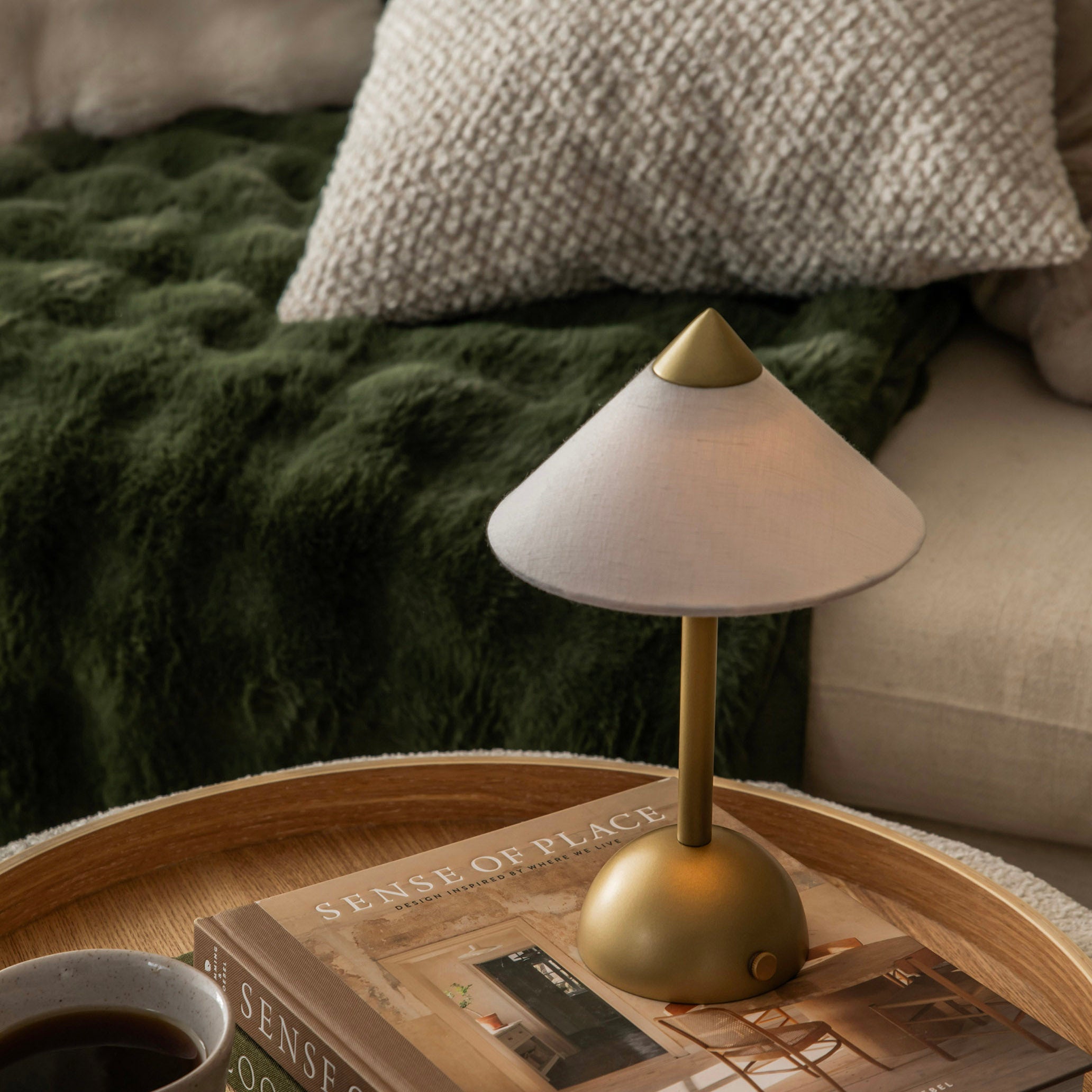 Apex Gold Base with Linen Shed 25x15cm Rechargeable Portable Lamp