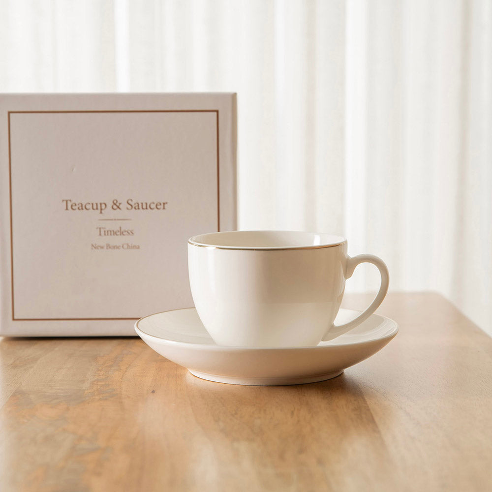 White with Gold Rim 220mL New Bone China Teacup & Saucer