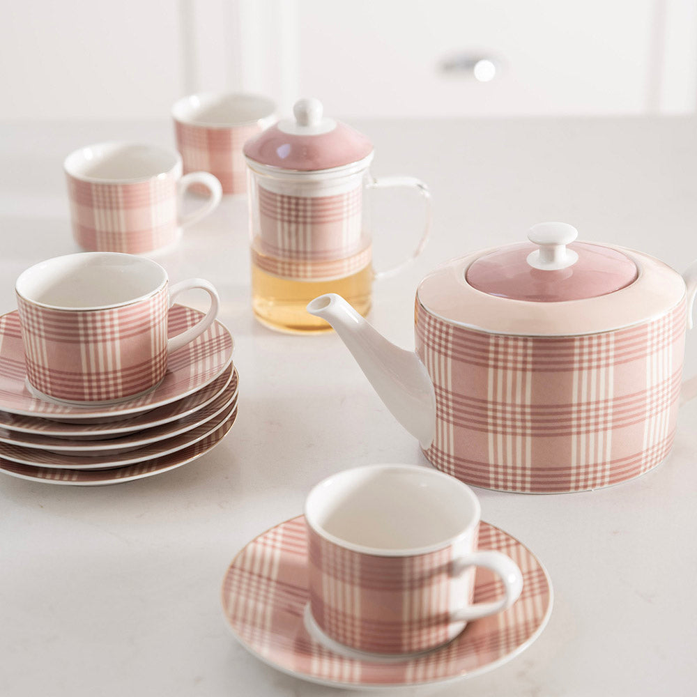 TEAPOT New Bone Beige Plaid with Gold Rim 1.2L