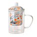 TEA GLASS with Lid/Filter Orange Denim Floral Design 300ml - Wheel&Barrow Home