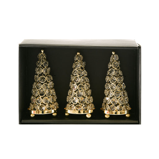 XMAS CONE Gold with Clear Crystals 3pc Mini Set Boxed 17x8cm - Wheel&Barrow Home