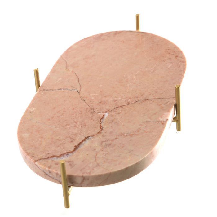 Pink Marble Platter on Gold Stand 30x18x7cm