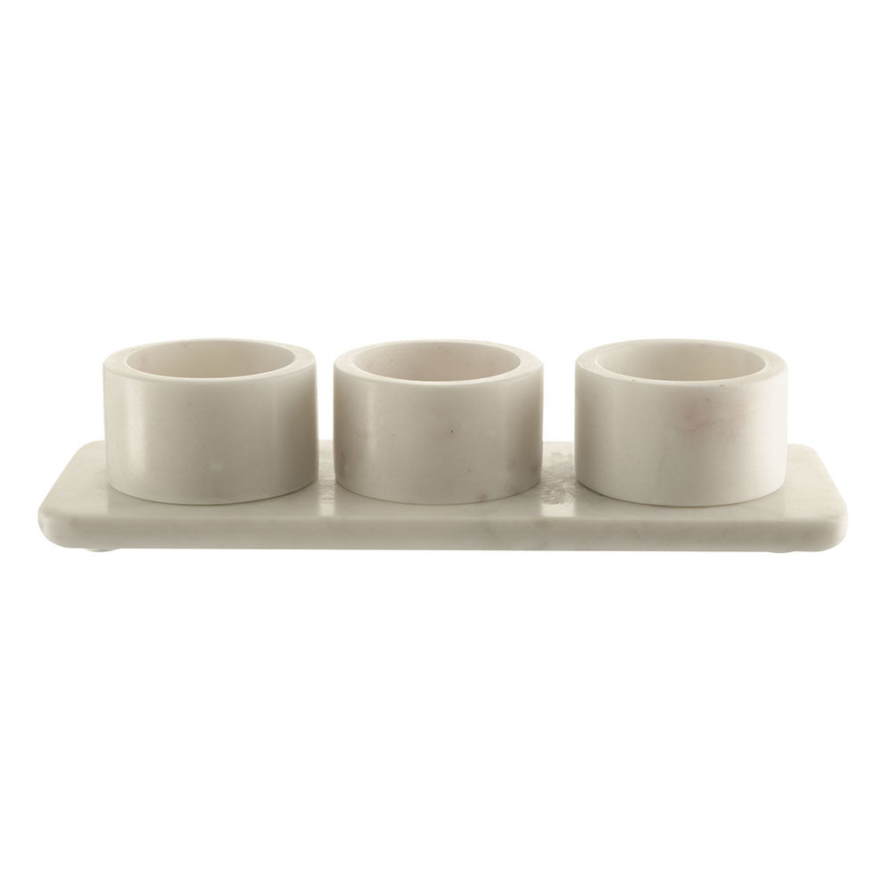 White Marble Condiment Set 3 Pots with Holder