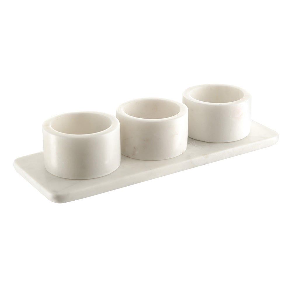 White Marble Condiment Set 3 Pots with Holder