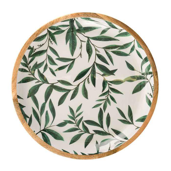 Wood Tray with Enamel Green Leaves Print 38x38x4cm