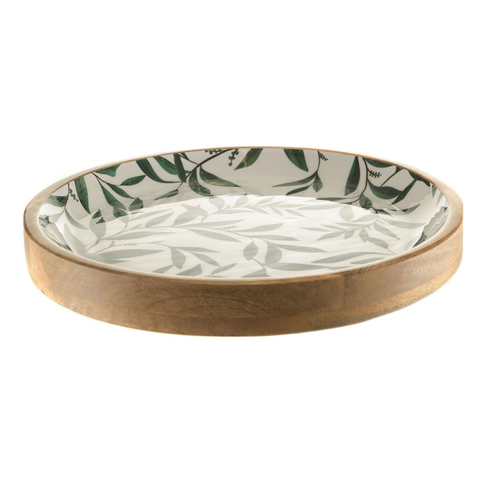 Wood Tray with Enamel Green Leaves Print 38x38x4cm