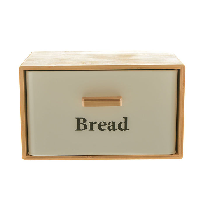 Bread Bin White Metal with Bamboo Cover 30x23x18cm