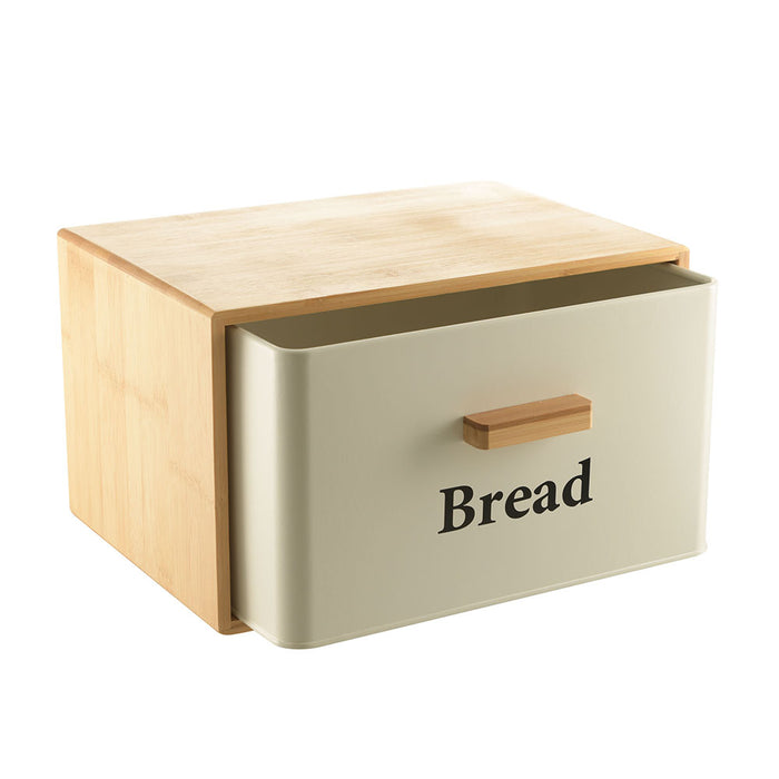 Bread Bin White Metal with Bamboo Cover 30x23x18cm