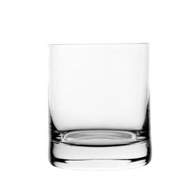 Cylindrical clear tumbler glass on white background