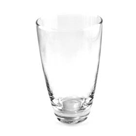 Clear highball glass with wide rim on white background.
