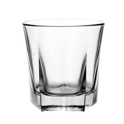 Tumbler glass with an angular base on a white background